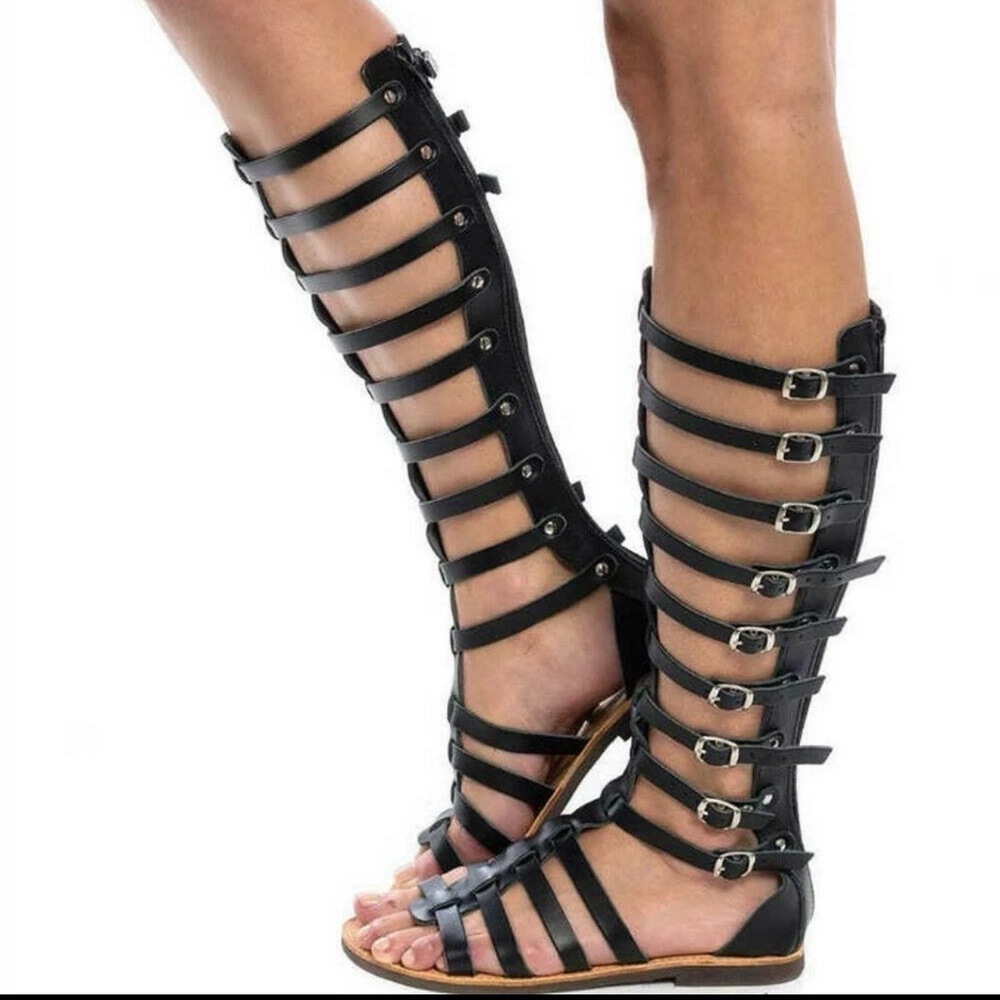 sz 7 summer Flat Roma Buckle Sandals Gladiator Shoes boots gladiater knee Greek